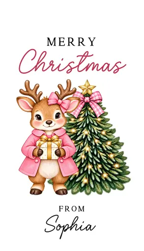 Christmas Gift Tag 2026 Pink Reindeer