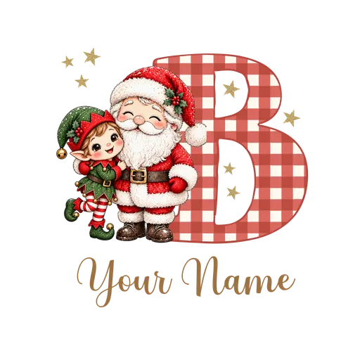 Christmas Plaid Alphabet Santa and Elf Letter B