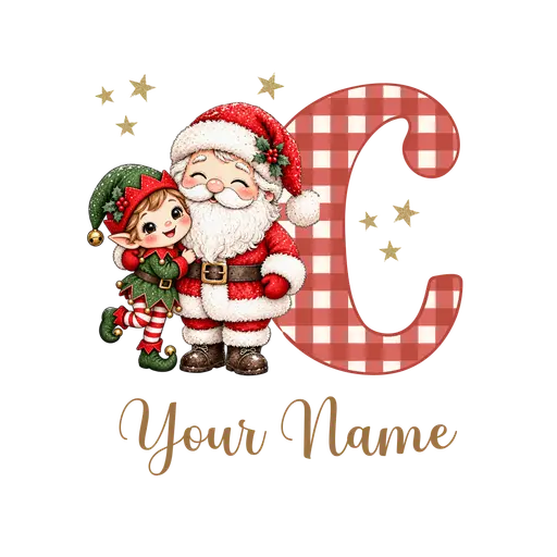 Christmas Plaid Alphabet Santa and Elf Letter C