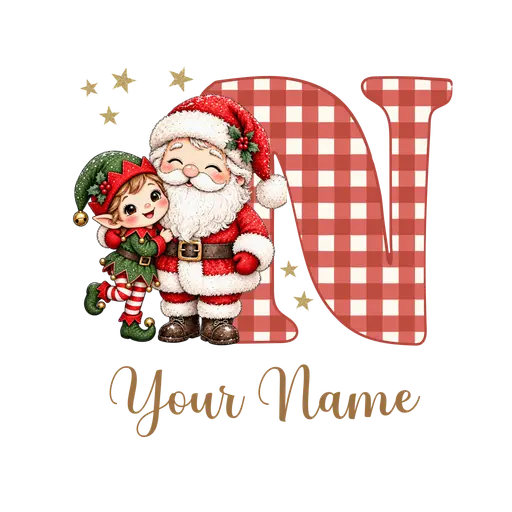 Christmas Plaid Alphabet Santa and Elf Letter N
