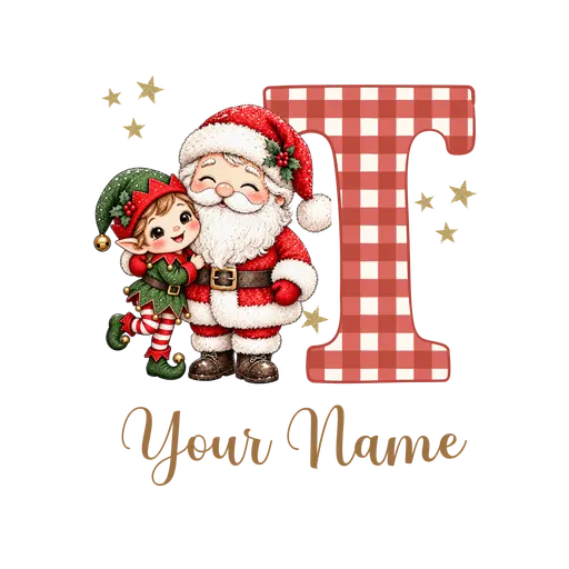 Christmas Plaid Alphabet Santa and Elf Letter T