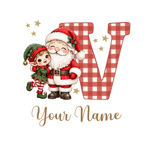 Christmas Plaid Alphabet Santa and Elf Letter V