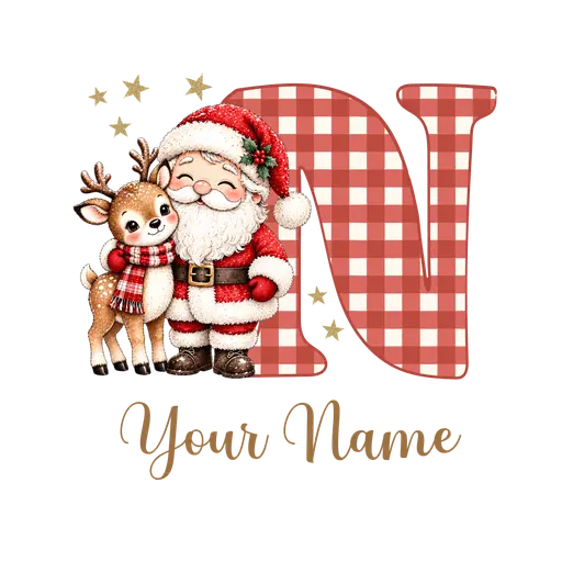 Christmas Plaid Alphabet Santa and Reindeer Letter N