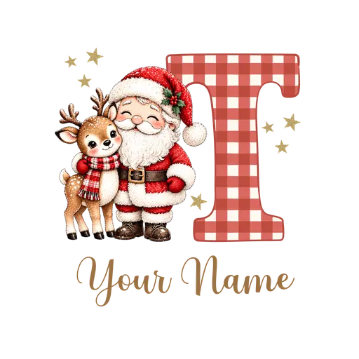 Christmas Plaid Alphabet Santa and Reindeer Letter T
