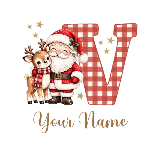 Christmas Plaid Alphabet Santa and Reindeer Letter V