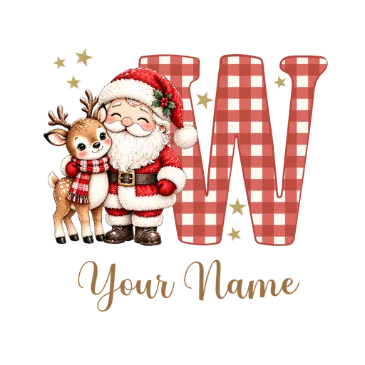 Christmas Plaid Alphabet Santa and Reindeer Letter W